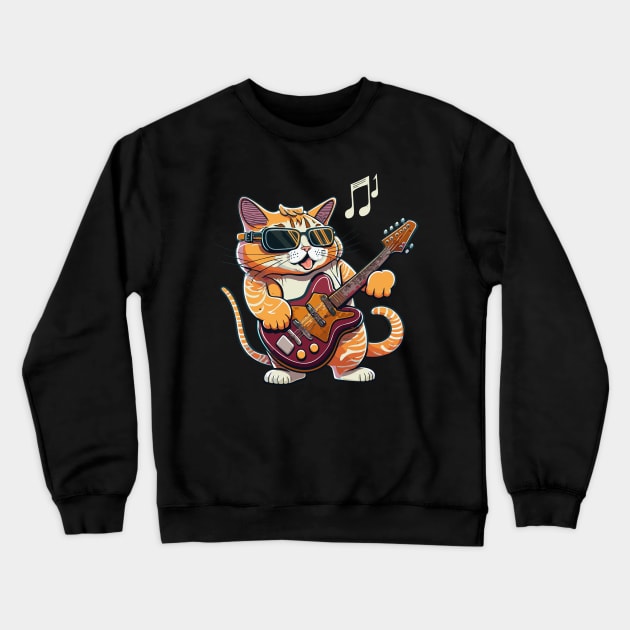 Cat Playing Guitar Vintage Retro Cute Cat And Guitar Lover Crewneck Sweatshirt by rhazi mode plagget